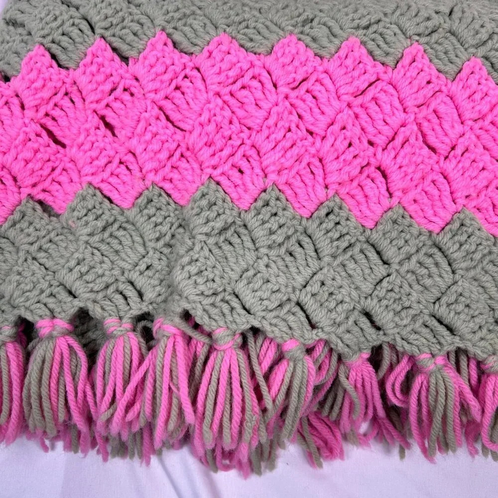Handmade Crochet Quilt Throw Pink Green Retro Granny
